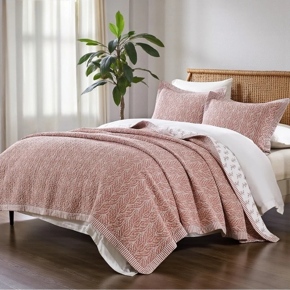 NEW West Elm Blush Botanical Pattern Cotton Queen King Bedding Quilt & Sham Set